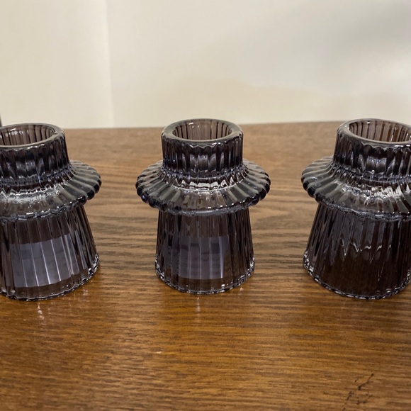 Three Ribbed Grey Glass Taper Candle Holders - Picture 4 of 4